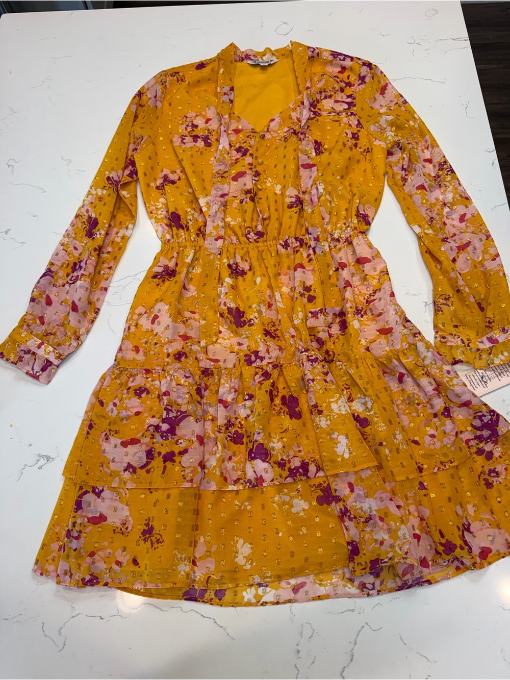 NWT Nanette Lepore Mustard Yellow Floral Long Sleeve Tiered Dress size 8